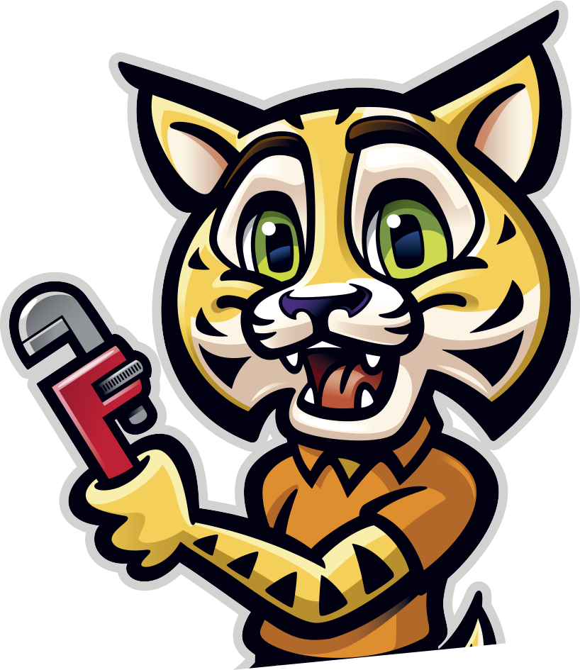 Wildcat Plumbing mascot holding a pipe wrench
